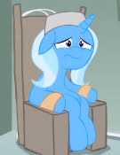 Size: 135x175 | Tagged: safe, artist:mrponiator, imported from twibooru, trixie, pony, unicorn, chair, electric chair, female, floppy ears, frown, horn, image, mare, needs more jpeg, prison, sad, scared, sitting