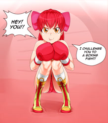 Size: 904x1031 | Tagged: safe, artist:pugilismx, imported from twibooru, apple bloom, human, boxing gloves, humanized, image, looking at you, needs more jpeg, solo, speech bubble, squatting