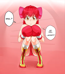 Size: 904x1031 | Tagged: safe, artist:pugilismx, imported from twibooru, apple bloom, human, boxing gloves, humanized, image, looking at you, needs more jpeg, solo, speech bubble, squatting