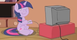 Size: 1009x520 | Tagged: safe, artist:mrponiator, imported from twibooru, twilight sparkle, pony, unicorn, controller, female, golden oaks library, horn, image, library, mare, needs more jpeg, sitting, smiling, television, unicorn twilight, video game