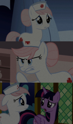 Size: 1280x2160 | Tagged: safe, edit, edited screencap, editor:jerryakiraclassics19, imported from twibooru, screencap, nurse redheart, twilight sparkle, alicorn, earth pony, pony, a flurry of emotions, applebuck season, baby cakes, '90s, 80s, female, hat, image, mare, nurse hat, png, twilight sparkle (alicorn)