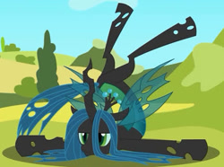 Size: 472x351 | Tagged: safe, artist:mrponiator, imported from twibooru, queen chrysalis, changeling, changeling queen, pony, a canterlot wedding, crown, female, holes, horn, image, jewelry, needs more jpeg, regalia, unamused, wings