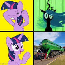 Size: 500x500 | Tagged: safe, artist:luckreza8, editor:railpony, photographer:maksym kozlenko, photographer:maxim75, screencap, queen chrysalis, twilight sparkle, alicorn, pony, a canterlot wedding, australia, duo, duo female, female, hotline bling, image, imgflip, irl, meme, minimalist, modern art, needs more jpeg, new south wales, new south wales government railways, new south wales rail museum, nswgr 3801, photo, ponified meme, reddit, thirlmere, transport heritage new south wales, twilight sparkle (alicorn), young clyde c38 pacific