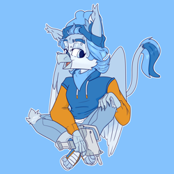 Size: 5000x5000 | Tagged: safe, artist:xasslash, imported from derpibooru, oc, oc only, oc:flynn the icecold, anthro, bandana, beanie, blue background, clothes, gun, hat, hoodie, male, micro uzi, paw sneakers, piercing, simple background, solo, weapon
