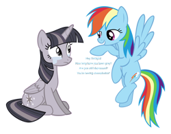 Size: 3840x3000 | Tagged: safe, artist:sollace, artist:wardex101, edit, imported from derpibooru, rainbow dash, twilight sparkle, alicorn, pony, testing testing 1-2-3, crying, discorded, discorded twilight, female, mare, show accurate, simple background, text, transparent background, twilight sparkle (alicorn), twilight tragedy, vector