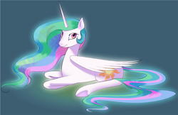 Size: 2087x1354 | Tagged: safe, artist:relighted, imported from derpibooru, princess celestia, alicorn, pony, blue background, female, flowing mane, full body, glowing, looking at you, lying down, mare, prone, simple background, smiling, smiling at you, solo