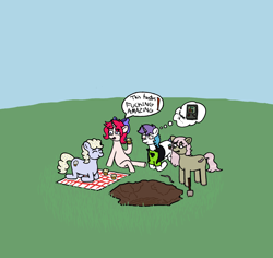 Size: 1800x1700 | Tagged: safe, artist:potatoconnoisseur, derpibooru exclusive, imported from derpibooru, oc, oc only, oc:muffin, oc:tetris effect, oc:worm, earth pony, pony, unicorn, worm, balancing, blanket, female, food, grass, group, hole, mare, muffin, quartet, shovel, sitting, vulgar