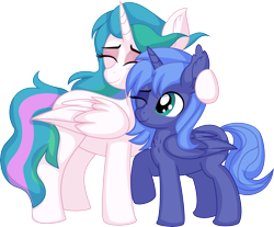 Size: 7937x6571 | Tagged: safe, artist:cyanlightning, imported from derpibooru, princess celestia, princess luna, alicorn, pony, .svg available, absurd resolution, duo, ear fluff, eyes closed, female, filly, foal, hug, mare, missing accessory, sibling love, siblings, simple background, sisterly love, sisters, smiling, standing, transparent background, vector, woona, younger