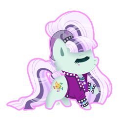 Size: 2569x2564 | Tagged: safe, artist:flyingsosser, imported from derpibooru, coloratura, earth pony, pony, chibi, clothes, countess coloratura, cute, eyes closed, female, high res, jacket, mare, outline, pink outline, raised hoof, rarabetes, signature, simple background, smiling, solo, studded bracelet, transparent background