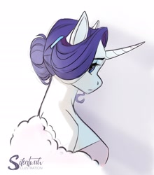Size: 2022x2300 | Tagged: safe, artist:silentwulv, imported from derpibooru, rarity, anthro, unicorn, alternate hairstyle, breasts, bust, busty rarity, curved horn, eyeshadow, female, frown, fur boa, hair bun, high res, horn, makeup, profile, shoulderless, signature, simple background, solo, white background