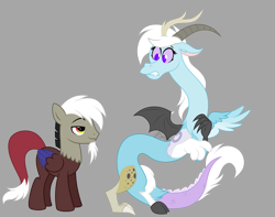 Size: 3300x2600 | Tagged: safe, artist:feather_bloom, imported from derpibooru, discord, oc, oc:feather_bloom, draconequus, pegasus, pony, draconequified, draconequus oc, duo, duo male and female, embarrassed, female, frown, gray background, high res, lidded eyes, looking at each other, looking at someone, male, nervous, ponified, pony discord, simple background, smiling, smirk, species swap, stallion, teeth