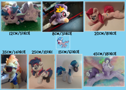 Size: 3543x2550 | Tagged: safe, artist:plushiesshy, imported from derpibooru, dj pon-3, pinkie pie, pipp petals, screwball, spitfire, starlight glimmer, twilight sparkle, vinyl scratch, oc, earth pony, pegasus, pony, unicorn, advertisement, commission, commission info, g5, irl, photo, pinkamena diane pie, plushie