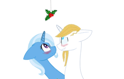 Size: 1024x652 | Tagged: safe, artist:cahansentoth, artist:decokenite, imported from derpibooru, prince blueblood, trixie, pony, unicorn, bluetrix, blushing, female, holly, holly mistaken for mistletoe, looking up, male, mare, shipping, simple background, stallion, straight, wavy mouth, white background