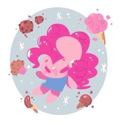 Size: 584x601 | Tagged: safe, artist:typhwosion, imported from derpibooru, pinkie pie, earth pony, semi-anthro, banana, chibi, chocolate-covered banana, cookie, cotton candy, female, food, ice cream, muffin, open mouth, smiling, solo