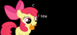 Size: 1350x629 | Tagged: safe, imported from derpibooru, apple bloom, earth pony, pony, background pony strikes again, black background, c, female, lowres, simple background, thinking