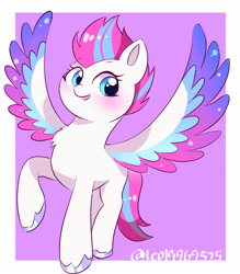 Size: 2444x2788 | Tagged: safe, artist:leo19969525, imported from derpibooru, zipp storm, pegasus, pony, adorazipp, blue eyes, blushing, cute, female, g5, hair, looking at you, mare, pink background, simple background, solo, spread wings, tail, wings