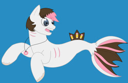 Size: 1280x835 | Tagged: safe, artist:thebridgetroll3, imported from derpibooru, oc, oc only, oc:true hue, earth pony, hybrid, merpony, pony, seapony (g4), blue background, fish tail, gills, gray eyes, jewelry, male, necklace, open mouth, seaponified, simple background, solo, species swap, stallion, tail, teeth, underwater, water