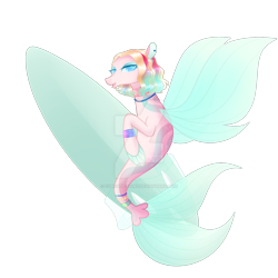 Size: 1920x1920 | Tagged: safe, artist:cupidauctions, imported from derpibooru, oc, oc only, seapony (g4), adoptable, blue eyes, colored pupils, deviantart watermark, female, fin wings, fins, fish tail, flowing tail, lidded eyes, looking at you, mare, obtrusive watermark, open mouth, simple background, smiling, smiling at you, solo, surfboard, tail, transparent background, watermark, wings