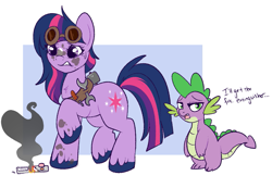 Size: 971x671 | Tagged: safe, artist:lulubell, imported from derpibooru, spike, twilight sparkle, dragon, earth pony, pony, alternate universe, au:inharmonious, earth pony twilight, female, goggles, male, mare, race swap, raised hoof, smoke, sweat, sweatdrop, toolbelt