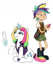 Size: 1432x1738 | Tagged: safe, artist:applephil, imported from derpibooru, rarity, human, pony, unicorn, spoiler:amphibia, alternate hairstyle, amphibia, boots, cellphone, clothes, crossover, duo, female, hand mirror, leather vest, levitation, magic, mane swap, mare, molly jo, phone, plaid skirt, punk, raripunk, shoes, simple background, skirt, smartphone, spoilers for another series, studded bracelet, telekinesis, vest, white background