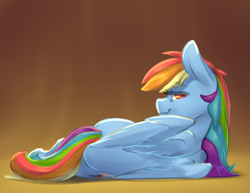 Size: 6600x5100 | Tagged: safe, artist:northernsprint, imported from derpibooru, rainbow dash, pegasus, pony, 2016, absurd resolution, bedroom eyes, cute, dashabetes, female, gradient background, looking at you, looking back, lying down, mare, old art, on side, smiling, solo