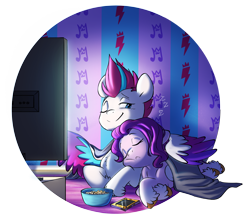 Size: 4670x4112 | Tagged: safe, artist:chub-wub, imported from derpibooru, pipp petals, zipp storm, pegasus, pony, absurd resolution, adorapipp, adorazipp, blanket, commissioner:navelcolt, cuddling, cute, duo, female, food, g5, hug, mare, onomatopoeia, phone, popcorn, royal sisters (g5), sibling love, siblings, simple background, sisterly love, sisters, sisters being sisters, sleeping, sound effects, television, transparent background, unshorn fetlocks, winghug, wings, zzz