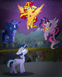 Size: 2100x2600 | Tagged: safe, artist:gallantserver, imported from derpibooru, princess luna, sunset shimmer, twilight sparkle, oc, oc:artemis (gallantserver), alicorn, pony, unicorn, equestria girls, alicornified, magical lesbian spawn, male, offspring, parent:princess luna, parent:twilight sparkle, parents:twiluna, race swap, shimmercorn, stallion, twilight sparkle (alicorn)