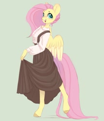 Size: 889x1037 | Tagged: safe, artist:melodylibris, imported from derpibooru, fluttershy, anthro, pegasus, unguligrade anthro, clothes, colored pupils, cute, female, green background, long sleeved shirt, mare, open mouth, open smile, shyabetes, simple background, skirt, smiling, solo, starry eyes, wingding eyes