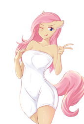 Size: 1920x2804 | Tagged: safe, artist:ucat, imported from derpibooru, oc, oc only, anthro, earth pony, clothes, commission, ear fluff, earth pony oc, naked towel, not fluttershy, peace sign, simple background, smiling, solo, towel, white background, ych result