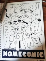 Size: 718x960 | Tagged: safe, artist:yunlongchen, imported from derpibooru, apple bloom, applejack, big macintosh, bright mac, granny smith, pear butter, pinkie pie, earth pony, apple family, lineart, traditional art