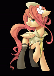 Size: 2480x3508 | Tagged: safe, artist:yunlongchen, imported from derpibooru, fluttershy, pegasus, pony, black background, bowtie, clothes, female, flower, flower in hair, hat, high res, mare, shirt, simple background, solo, stockings, thigh highs, uniform