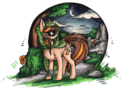 Size: 941x677 | Tagged: safe, artist:tay-niko-yanuciq, imported from derpibooru, oc, oc only, earth pony, pony, chest fluff, crescent moon, earth pony oc, hood, looking back, moon, night, outdoors, simple background, solo, transparent background, tree