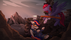 Size: 3840x2160 | Tagged: safe, artist:alicetriestodraw, imported from derpibooru, oc, oc:zephyr leaf, pegasus, amputee, battle saddle, brick wall, clothes, cowboy hat, fallout, goggles, gun, hat, jumpsuit, mountain, post-apocalyptic, prosthetic leg, prosthetic limb, prosthetics, shooting, shotgun, vault suit, weapon