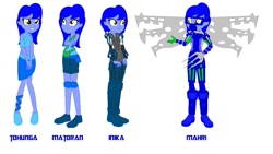 Size: 1200x677 | Tagged: safe, artist:robertsonskywa1, imported from derpibooru, human, equestria girls, alternate clothes, alternate design, alternate hairstyle, armor, bag, belly button, bionicle, claws, clothes, crossover, equestria girls-ified, evolution, hahli, lego, long hair, pads, short hair, shoulder bag, shoulder pads, simple background, skirt, solo, text, white background, wings