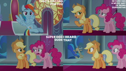 Size: 1280x720 | Tagged: safe, edit, edited screencap, editor:quoterific, imported from derpibooru, screencap, applejack, discord, pinkie pie, rainbow dash, draconequus, earth pony, pegasus, pony, season 9, the beginning of the end, spoiler:s09, applejack's hat, cowboy hat, crossed hooves, female, flying, hat, male, mare, open mouth, smiling, spread wings, text, wings