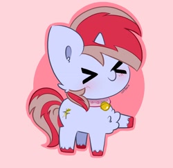 Size: 2424x2346 | Tagged: safe, artist:kittyrosie, imported from derpibooru, oc, oc only, oc:cinnamon lightning, pony, unicorn, ><, chest fluff, chibi, collar, commission, cute, eyes closed, horn, ocbetes, solo, tongue out, unicorn oc