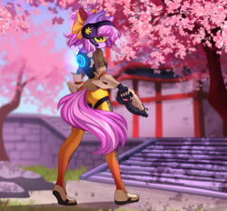 Size: 3885x3610 | Tagged: safe, alternate version, artist:airiniblock, imported from derpibooru, oc, oc only, oc:lillybit, anthro, earth pony, plantigrade anthro, cherry blossoms, clothes, commission, cosplay, costume, female, flower, flower blossom, gun, handgun, overwatch, pistol, rcf community, solo, tracer, tracer (overwatch), weapon