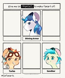 Size: 1715x2048 | Tagged: safe, artist:yun_nhee, imported from derpibooru, sandbar, shining armor, oc, oc:turbo swifter, earth pony, pegasus, pony, unicorn, six fanarts, goggles, looking at you, male, simple background, stallion, text, white background, wip