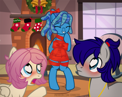 Size: 1100x877 | Tagged: safe, artist:jennieoo, imported from derpibooru, oc, oc:gentle star, oc:maverick, oc:ocean soul, earth pony, pegasus, pony, bipedal, blushing, chimney, christmas, clothes, cute, fire, fireplace, heart eyes, hearth's warming eve, holiday, implied lesbian, lace, ocbetes, ribbon, shocked, show accurate, socks, sultry pose, vector, wingding eyes