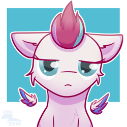 Size: 1000x1000 | Tagged: safe, artist:exobass, imported from derpibooru, zipp storm, pegasus, pony, annoyed, bust, cheek fluff, female, floating wings, floppy ears, g5, solo, wings