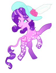 Size: 2892x3745 | Tagged: safe, artist:vernorexia, imported from derpibooru, pony, unicorn, curly mane, fancy, fancy free, feather, flower, g3, g3 to g4, g4, generation leap, gradient legs, green eyes, hat, heart, heart eyes, leonine tail, markings, pretty pattern pony, purple mane, redesign, rose, simple background, species swap, tail, transparent background, unicornified, wingding eyes