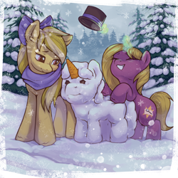 Size: 2000x2000 | Tagged: safe, artist:thejustbee, imported from derpibooru, oc, oc only, earth pony, pony, unicorn, bow, clothes, duo, hair bow, hat, magic, scarf, snow, snowfall, snowpony, telekinesis, tree