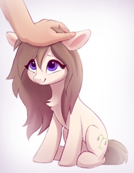 Size: 700x900 | Tagged: safe, artist:luminousdazzle, imported from derpibooru, oc, oc only, oc:linnea, earth pony, pony, cute, earth pony oc, eye clipping through hair, eyebrows, female, hand, head pat, long mane, looking up, mare, offscreen character, offscreen human, pat, petting, purple eyes, simple background, sitting, smiling, solo focus, tiny, white background