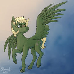 Size: 3200x3200 | Tagged: safe, artist:stardustspix, imported from derpibooru, oc, oc only, oc:murky, pegasus, pony, fallout equestria, fallout equestria: murky number seven, abstract background, fanfic art, scar, smiling, solo, wings