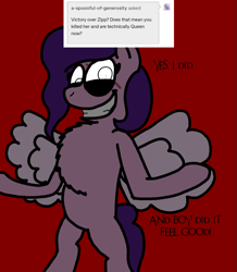 Size: 1237x1417 | Tagged: safe, artist:professorventurer, imported from derpibooru, pipp petals, pegasus, pony, series:ask pippamena, bipedal, chest fluff, female, g5, implied murder, implied zipp storm, impossibly large chest fluff, insanity, manic grin, mare, my little pony: a new generation, scar, spread wings, this did not end well, this ended in death, wings