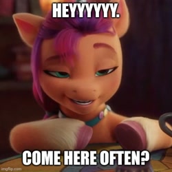 Size: 500x500 | Tagged: safe, edit, edited screencap, imported from derpibooru, screencap, sunny starscout, earth pony, pony, spoiler:my little pony: a new generation, bar, caption, cropped, female, flirting, g5, image macro, mare, my little pony: a new generation, solo, text