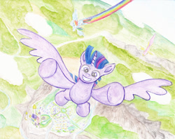 Size: 1280x1016 | Tagged: safe, artist:malte279, imported from derpibooru, fluttershy, rainbow dash, twilight sparkle, alicorn, pegasus, pony, canterlot, flying, high angle, rainbow trail, scenery, traditional art, twilight sparkle (alicorn), watercolor painting