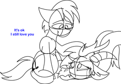 Size: 2921x2042 | Tagged: safe, artist:feather_bloom, imported from derpibooru, oc, oc:blue_skies, oc:feather_bloom, draconequus, earth pony, pony, comforting, couple, dialogue, duo, earth pony oc, quick sketch, simple background, sketch, species swap, white background