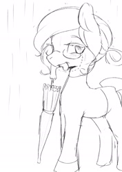 Size: 2508x3541 | Tagged: safe, artist:yajima, imported from derpibooru, oc, oc only, oc:sight jug, earth pony, pony, female, glasses, looking at you, mare, mouth hold, rain, simple background, solo, umbrella, white background