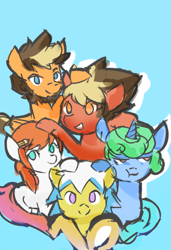 Size: 1300x1900 | Tagged: safe, artist:creamyogurt, imported from derpibooru, oc, oc:bubble swift, oc:creamyogurt, oc:crimsom rose, oc:mech hopper, oc:sparking star, group, simple background